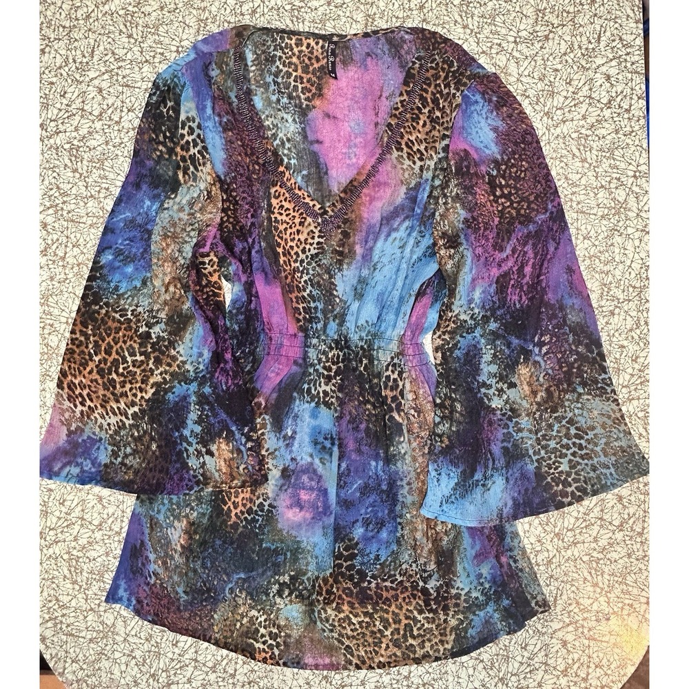 Y2K Boho Flowy Top M Leopard Print Blue Purple Hippie Long Sleeve Fairy Whimsy